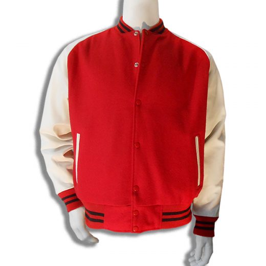 Rood met witte leren mouwen baseball jas