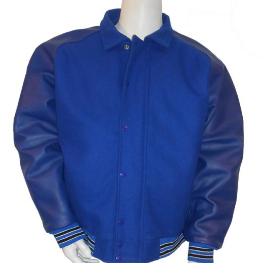 Baseball jas Donkerblauw met blauw leren mouwen, overhemd kraag en verborgen rits; 2 zwarte en 4 witte biezen